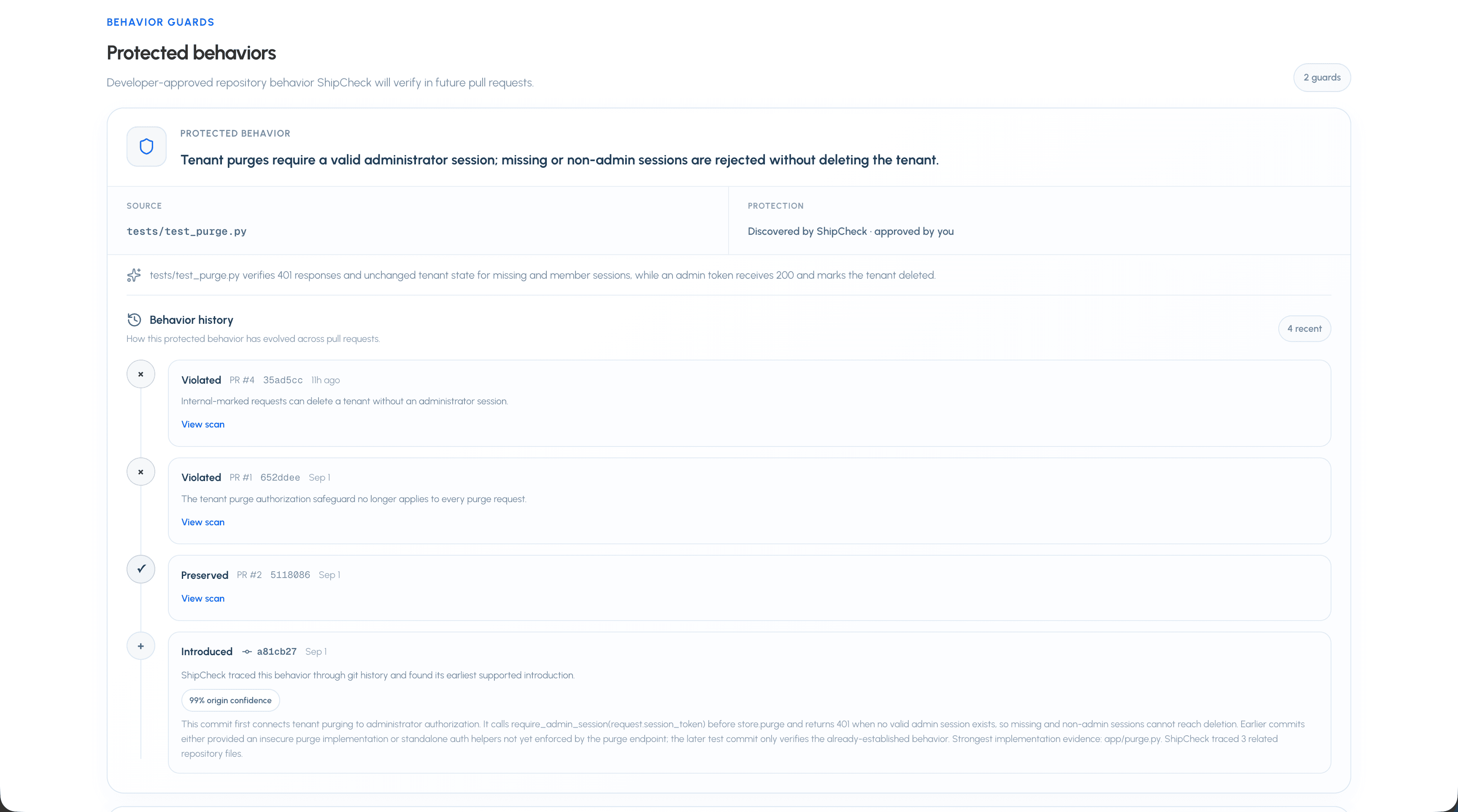 ShipCheck Behavior Guards showing protected repository behaviors