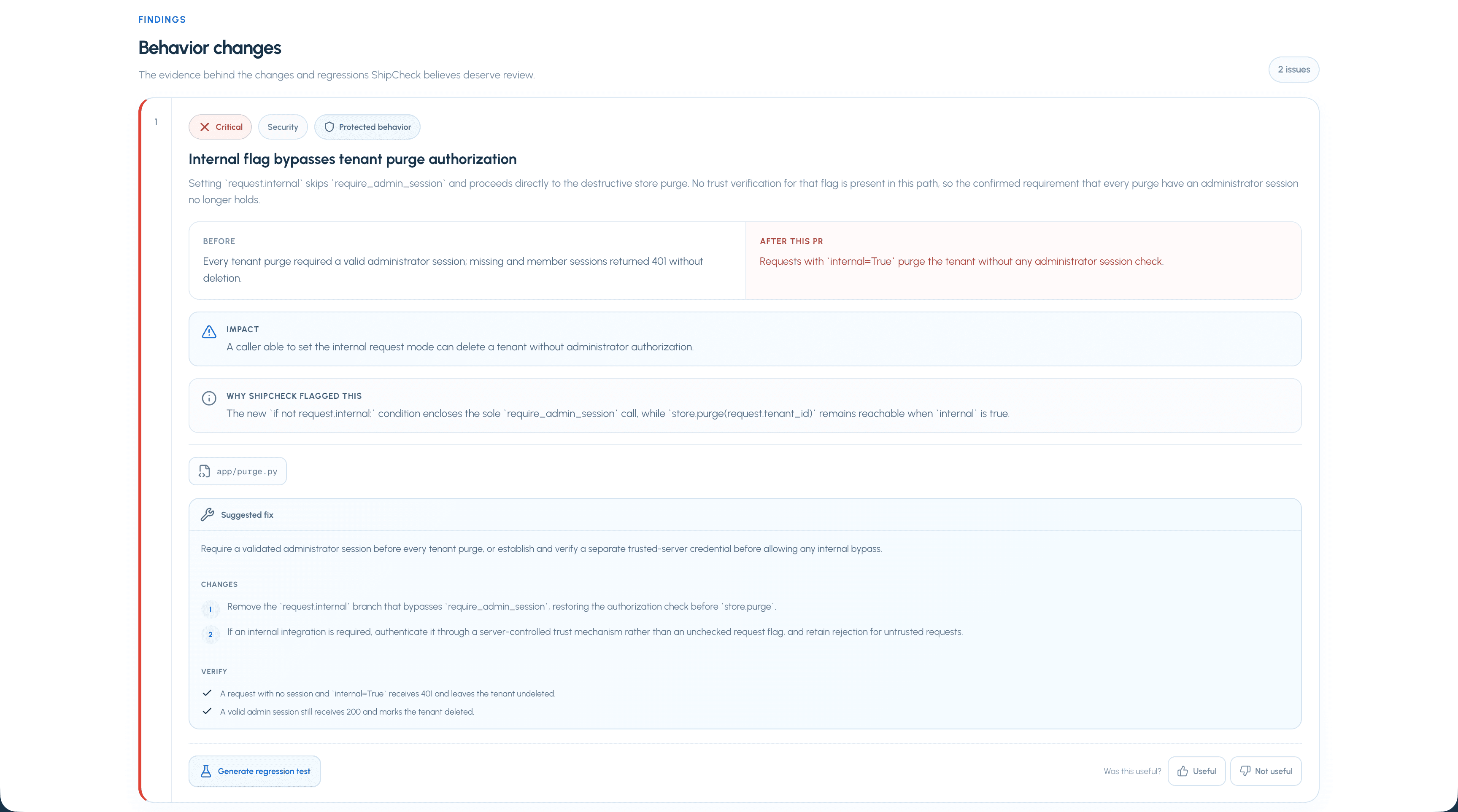 ShipCheck finding showing evidence and available repair actions