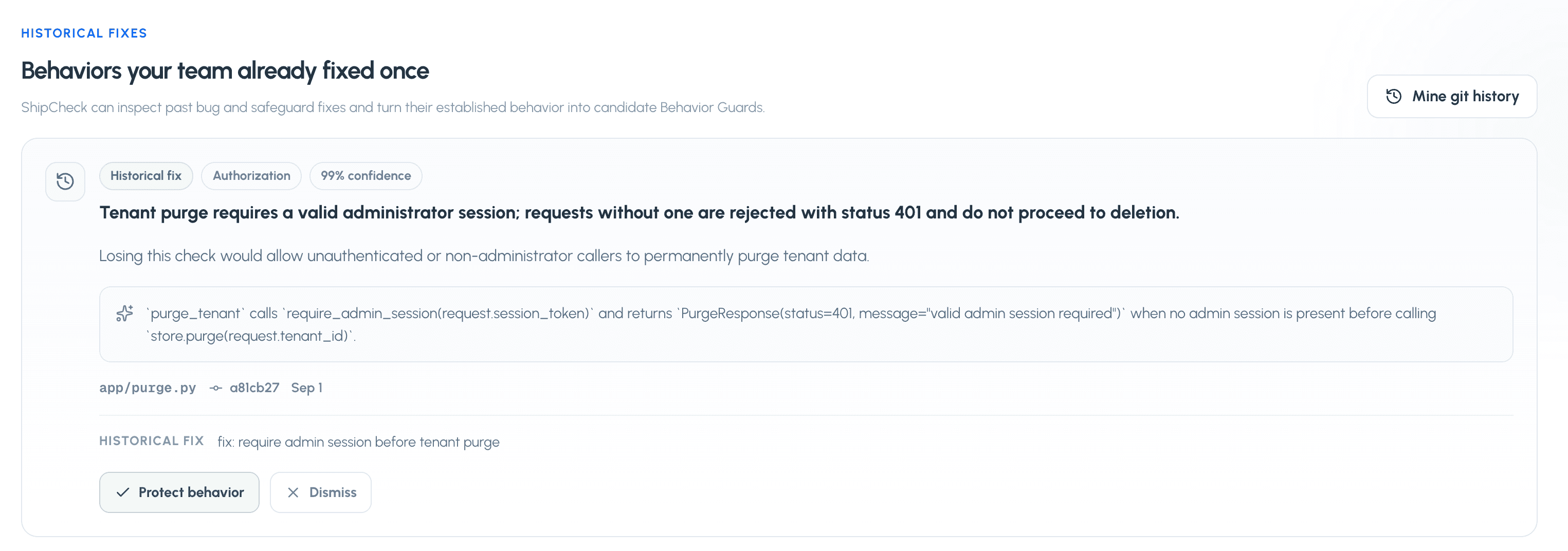 ShipCheck Historical fixes interface showing a behavior candidate mined from Git history