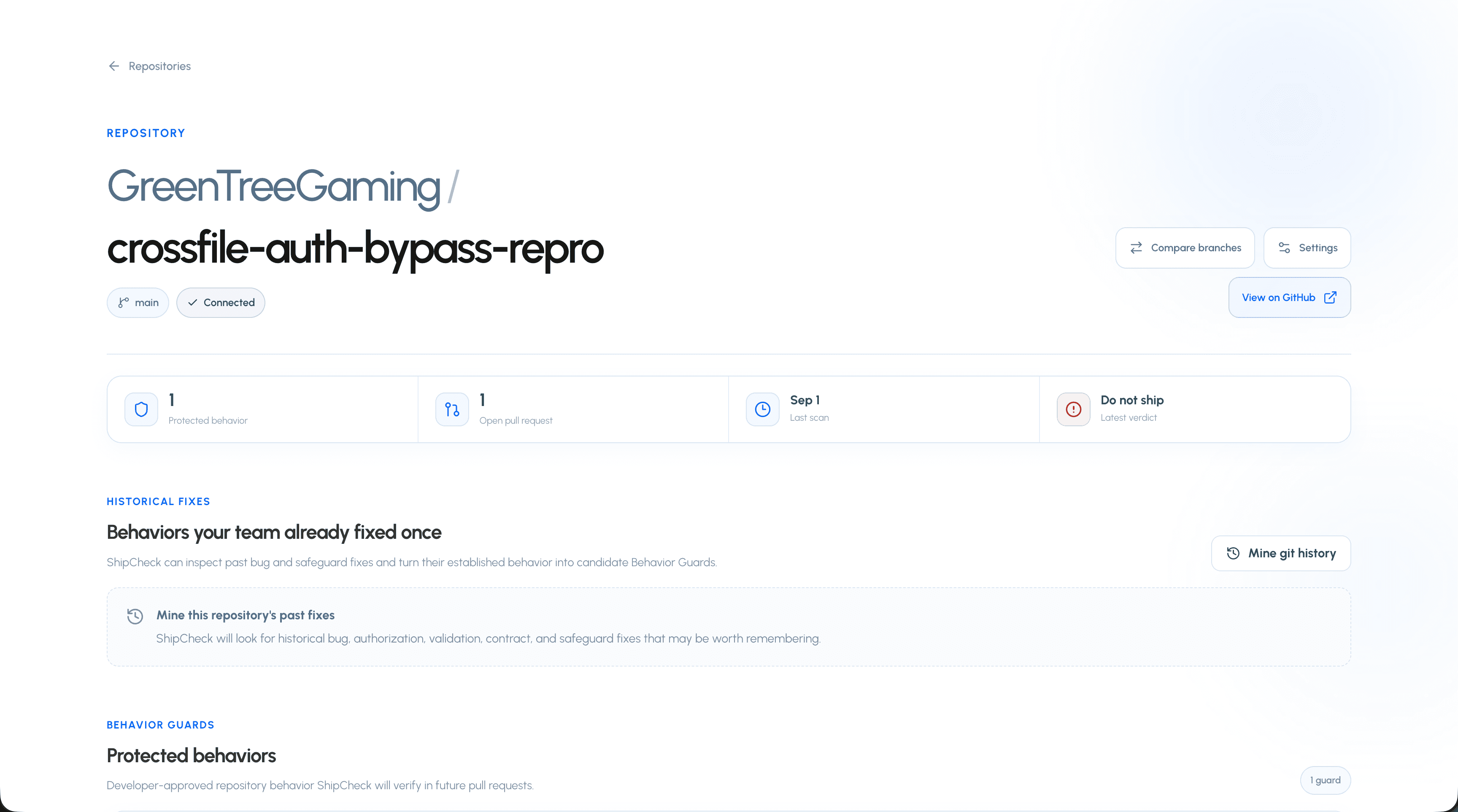 ShipCheck repository dashboard showing repository status, protected behaviors, pull requests, scan activity, and historical fixes
