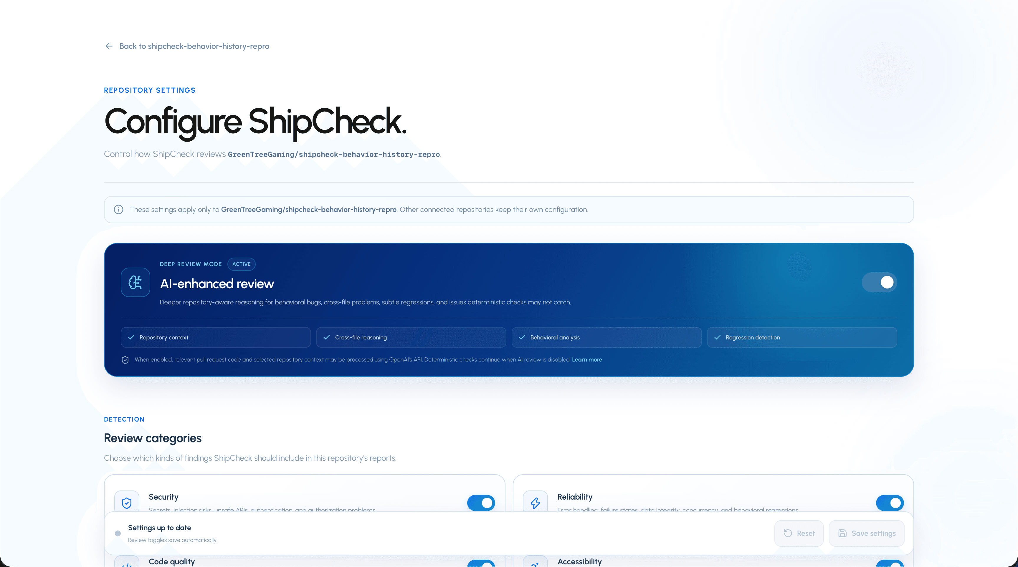 ShipCheck repository settings showing scanning categories and repository-specific configuration