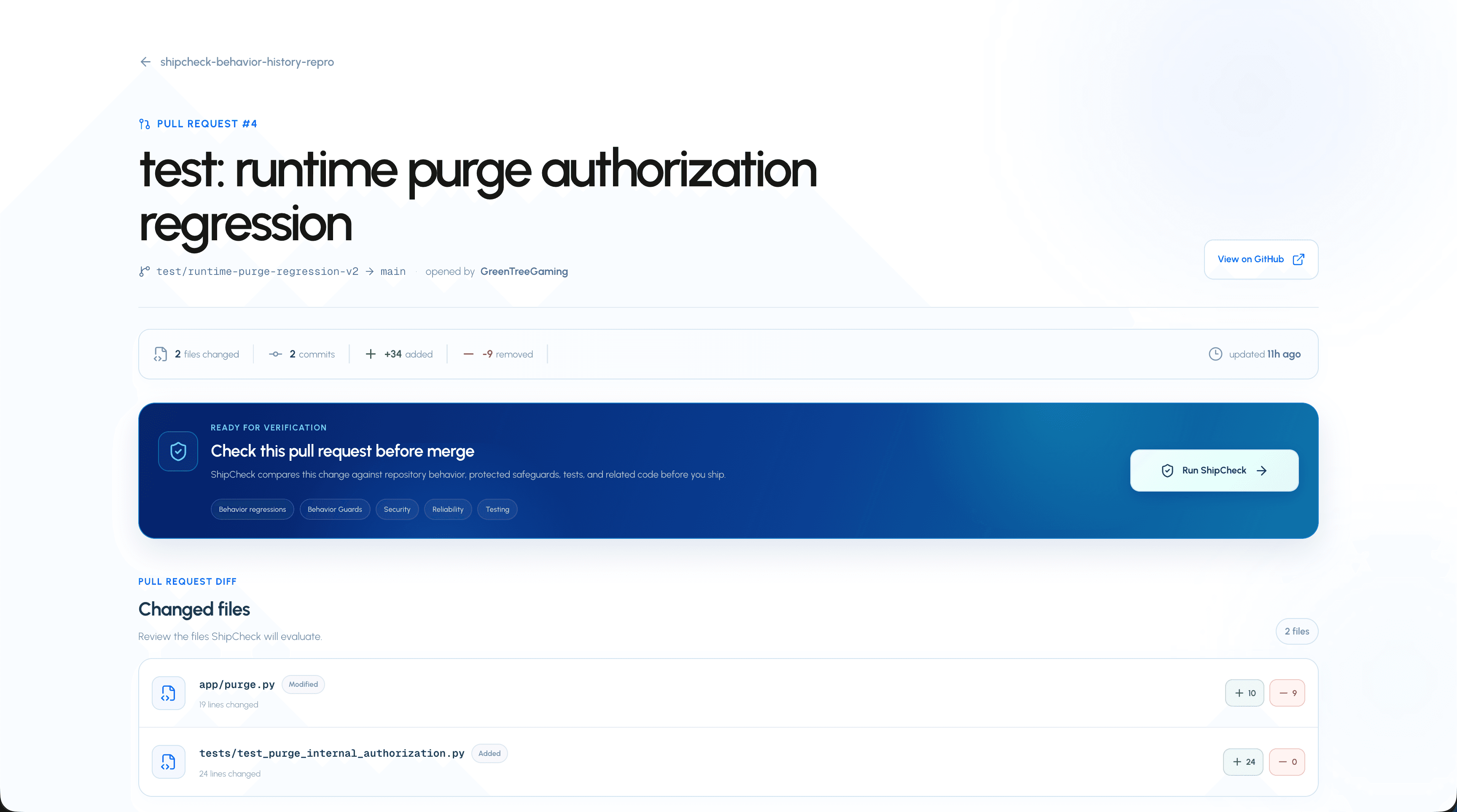 Completed ShipCheck pull request scan report showing verdict, score, findings, and behavioral analysis
