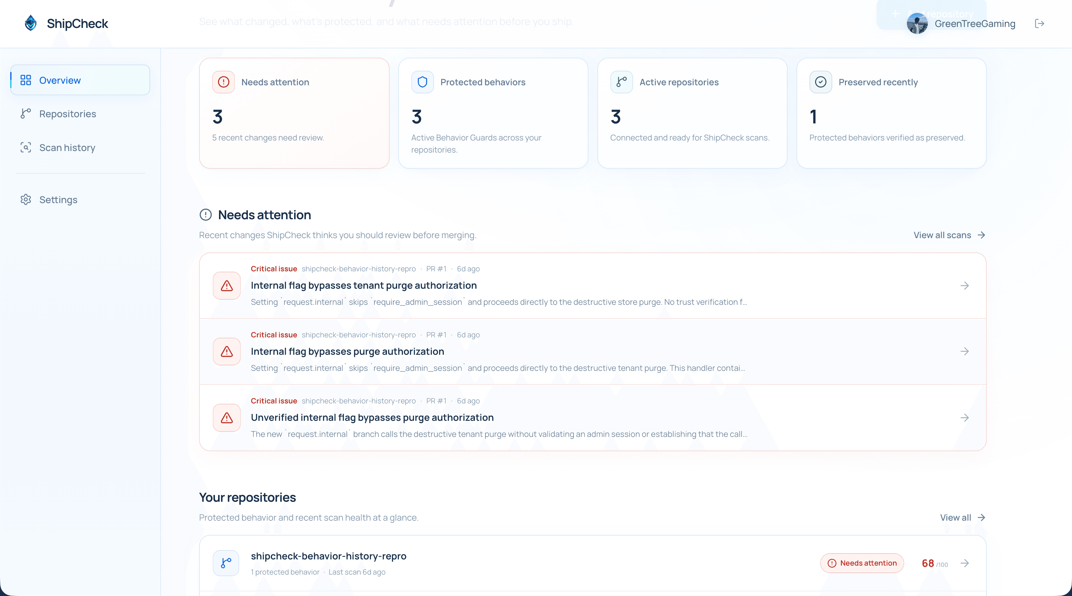 ShipCheck dashboard showing Behavior Contracts, evidence-backed verification, and a risk-aware ship verdict